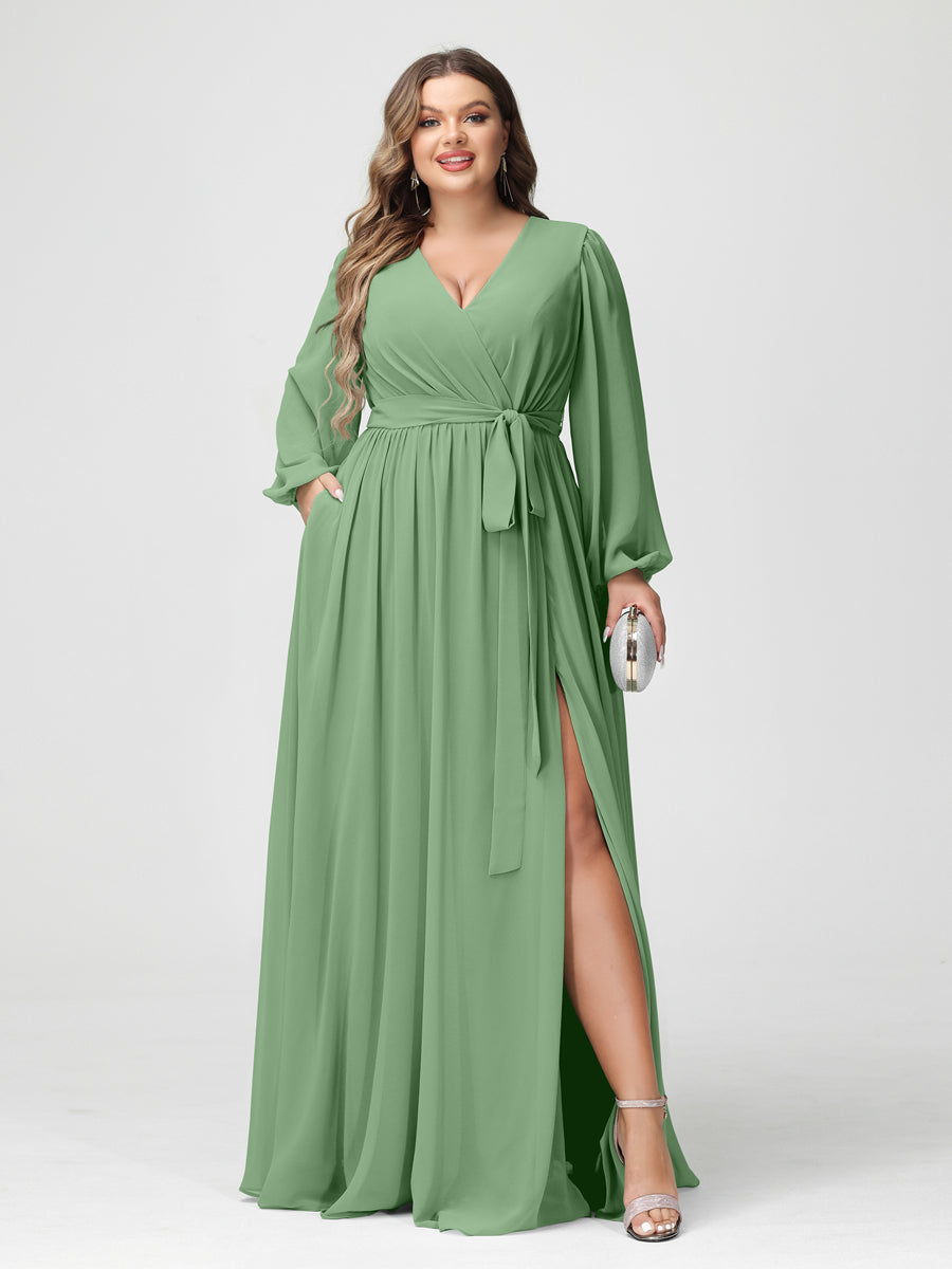 A-Linie/Prinzessin V-Ausschnitt Lange Ärmel Chiffon Übergröße Brautjungfernkleider mit Taschen