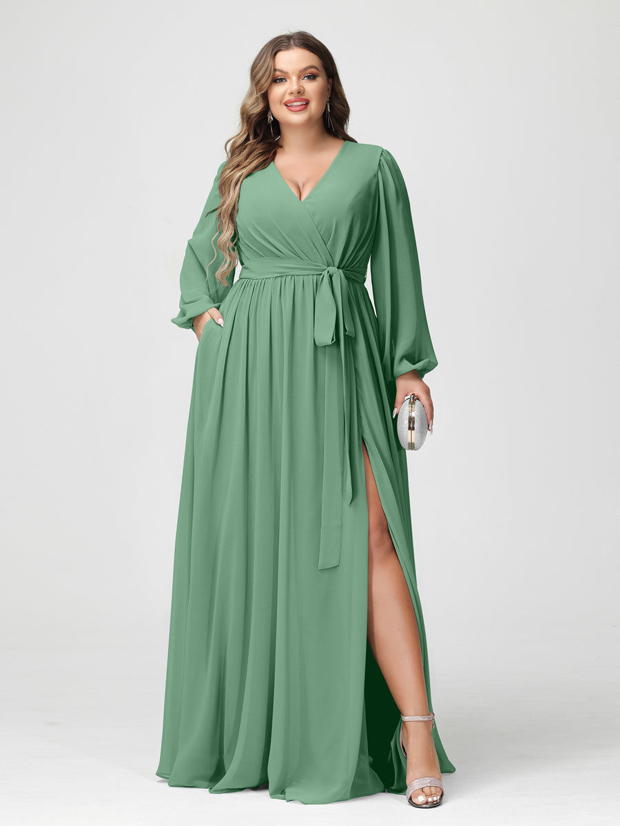 A-Linie/Prinzessin V-Ausschnitt Lange Ärmel Chiffon Übergröße Brautjungfernkleider mit Taschen