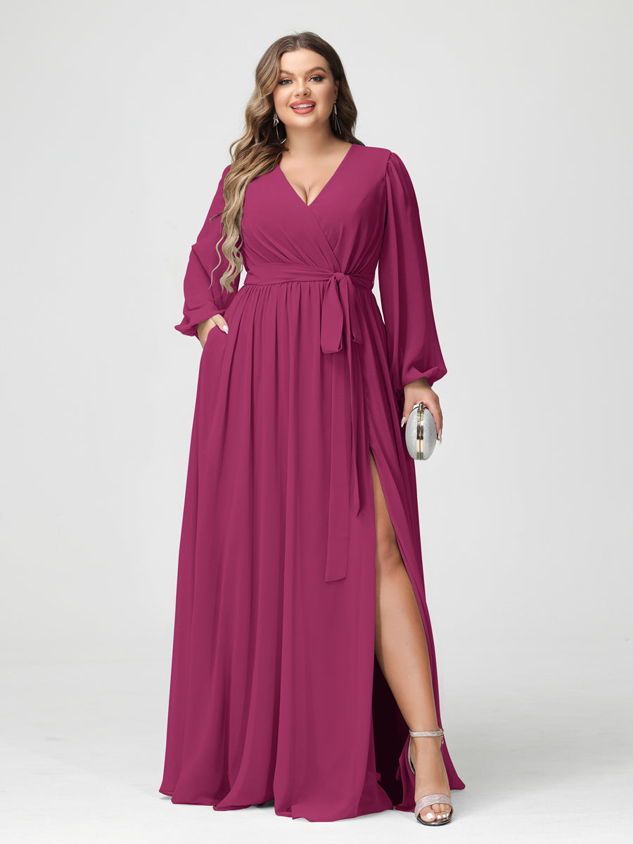 A-Linie/Prinzessin V-Ausschnitt Lange Ärmel Chiffon Übergröße Brautjungfernkleider mit Taschen
