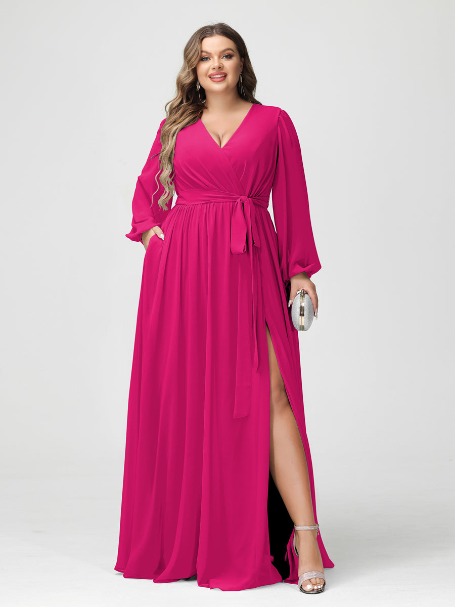 A-Linie/Prinzessin V-Ausschnitt Lange Ärmel Chiffon Übergröße Brautjungfernkleider mit Taschen