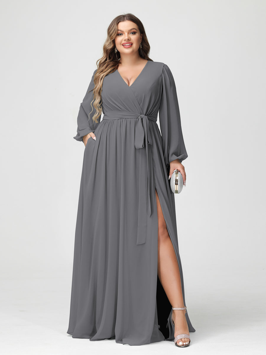 A-Linie/Prinzessin V-Ausschnitt Lange Ärmel Chiffon Übergröße Brautjungfernkleider mit Taschen