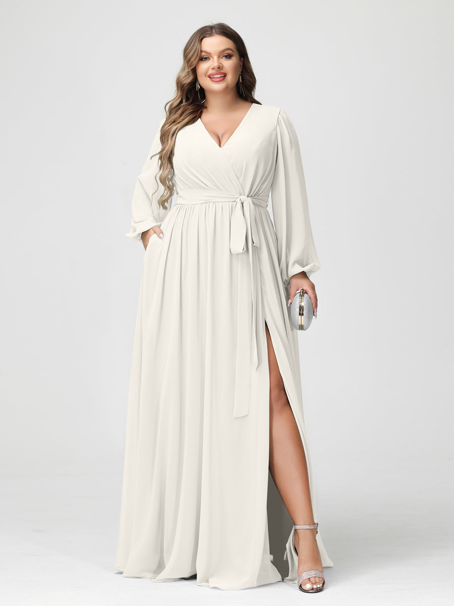 A-Linie/Prinzessin V-Ausschnitt Lange Ärmel Chiffon Übergröße Brautjungfernkleider mit Taschen
