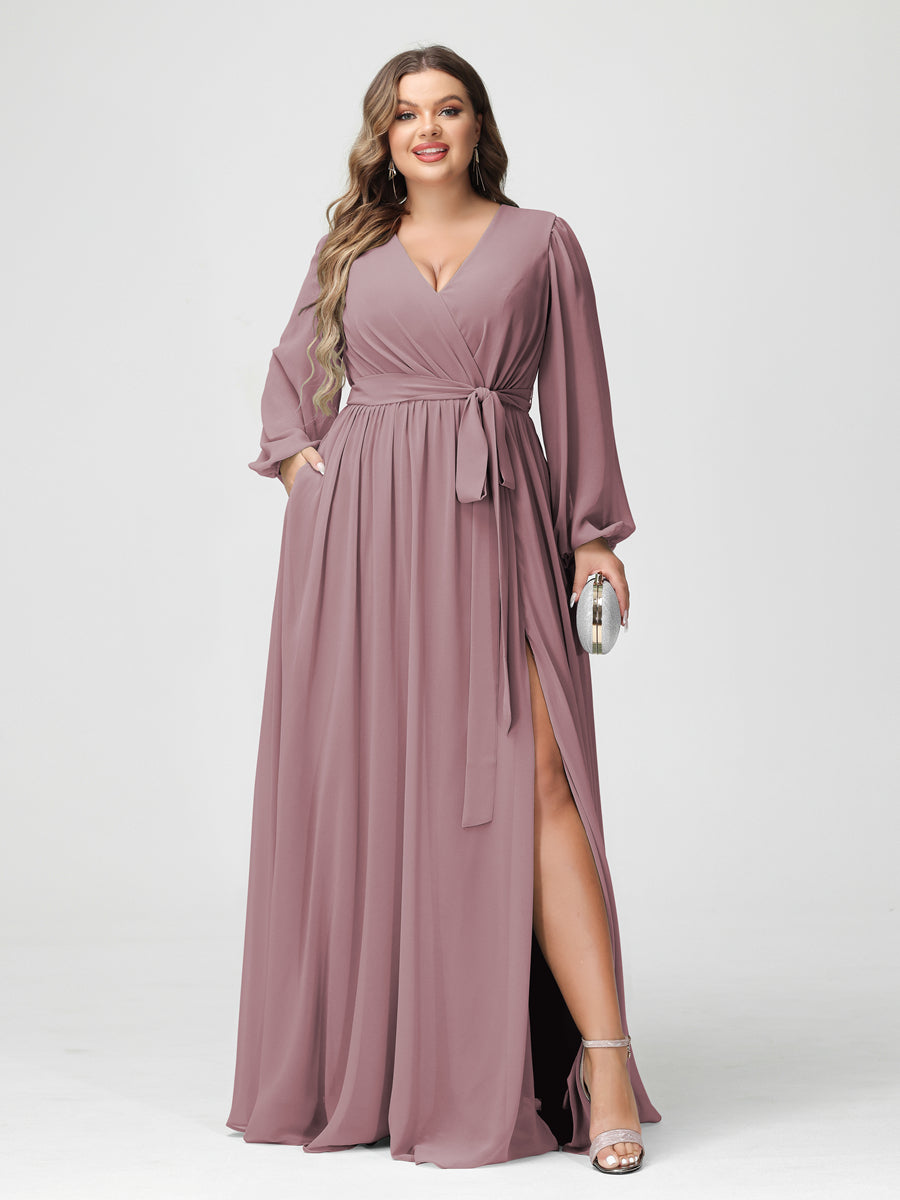 A-Linie/Prinzessin V-Ausschnitt Lange Ärmel Chiffon Übergröße Brautjungfernkleider mit Taschen