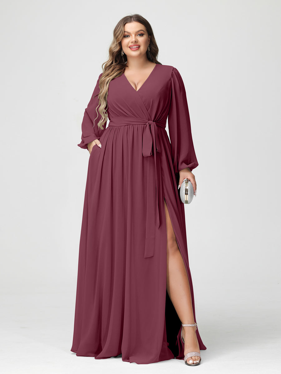 A-Linie/Prinzessin V-Ausschnitt Lange Ärmel Chiffon Übergröße Brautjungfernkleider mit Taschen
