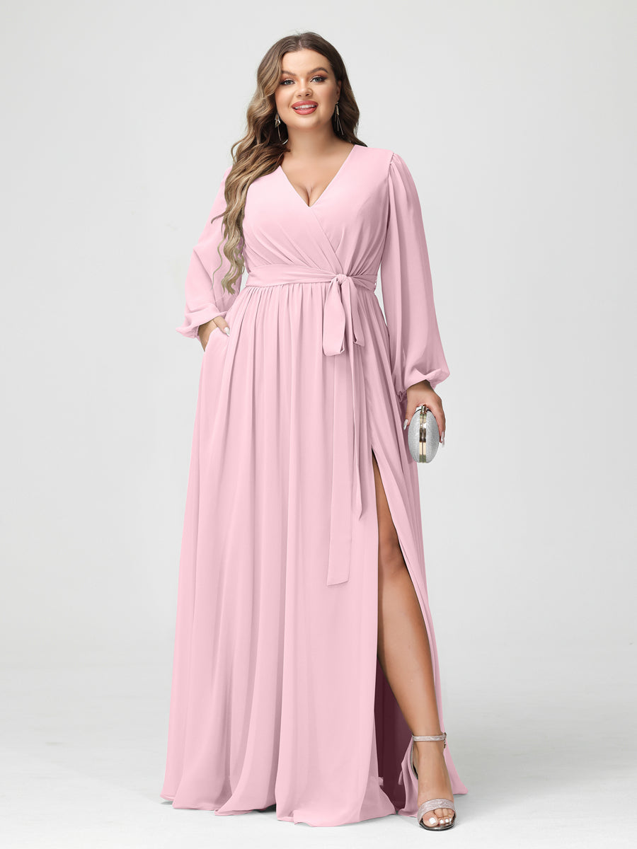 A-Linie/Prinzessin V-Ausschnitt Lange Ärmel Chiffon Übergröße Brautjungfernkleider mit Taschen