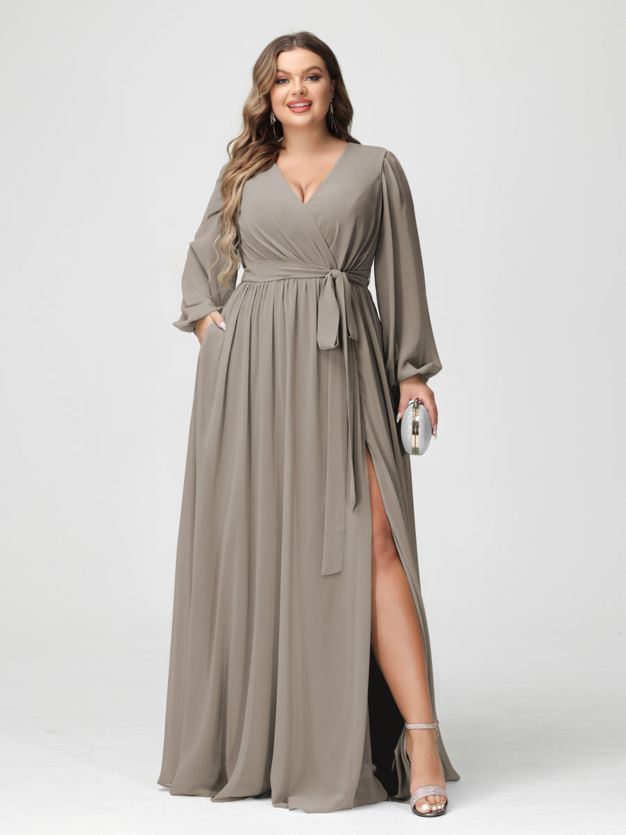 A-Linie/Prinzessin V-Ausschnitt Lange Ärmel Chiffon Übergröße Brautjungfernkleider mit Taschen