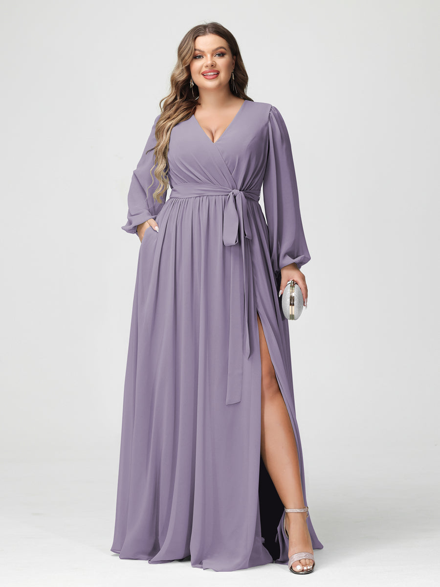 A-Linie/Prinzessin V-Ausschnitt Lange Ärmel Chiffon Übergröße Brautjungfernkleider mit Taschen