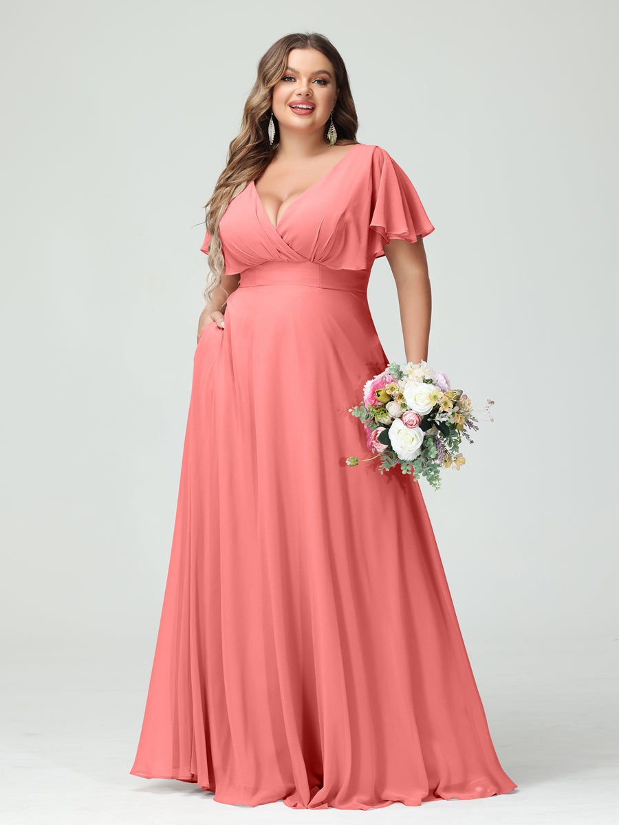 A-Linie/Prinzessin V-Ausschnitt Kurze Ärmel Chiffon Übergröße Brautjungfernkleider mit Taschen
