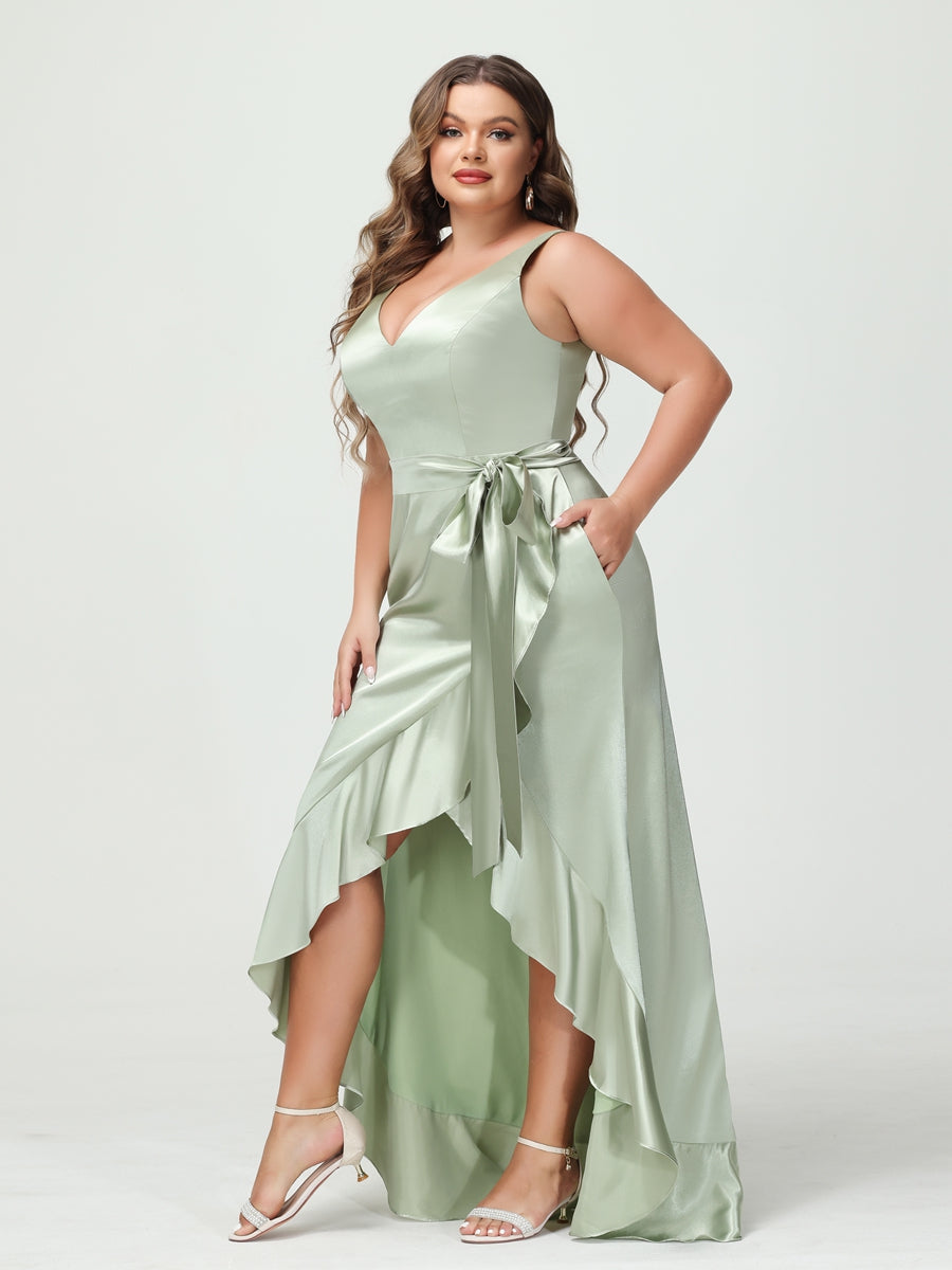 Etui-/Säulen-Kleid mit V-Ausschnitt Ärmellos Rüschen Hoch-Niedrig Plus-Size-Kleider mit Taschen Und Schärpe