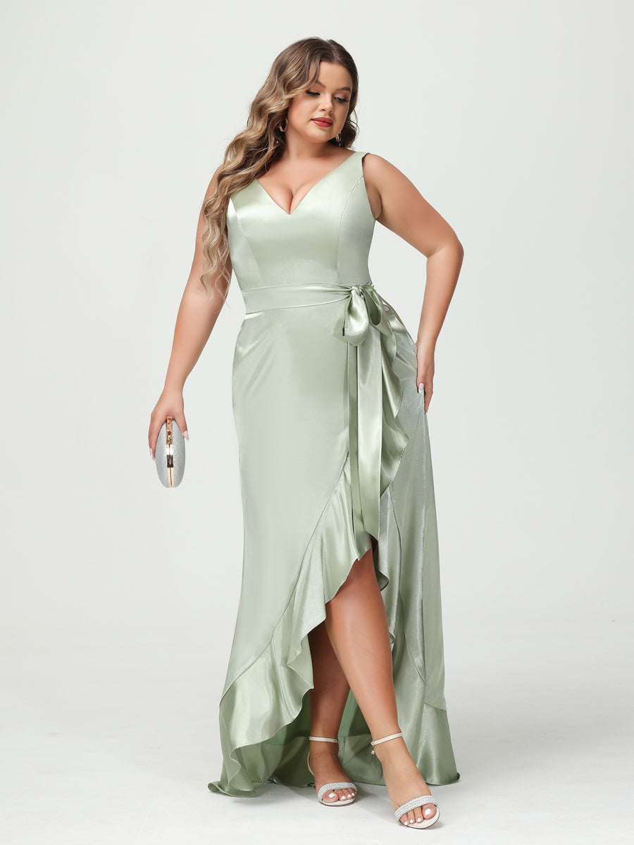 Etui-/Säulen-Kleid mit V-Ausschnitt Ärmellos Rüschen Hoch-Niedrig Plus-Size-Kleider mit Taschen Und Schärpe