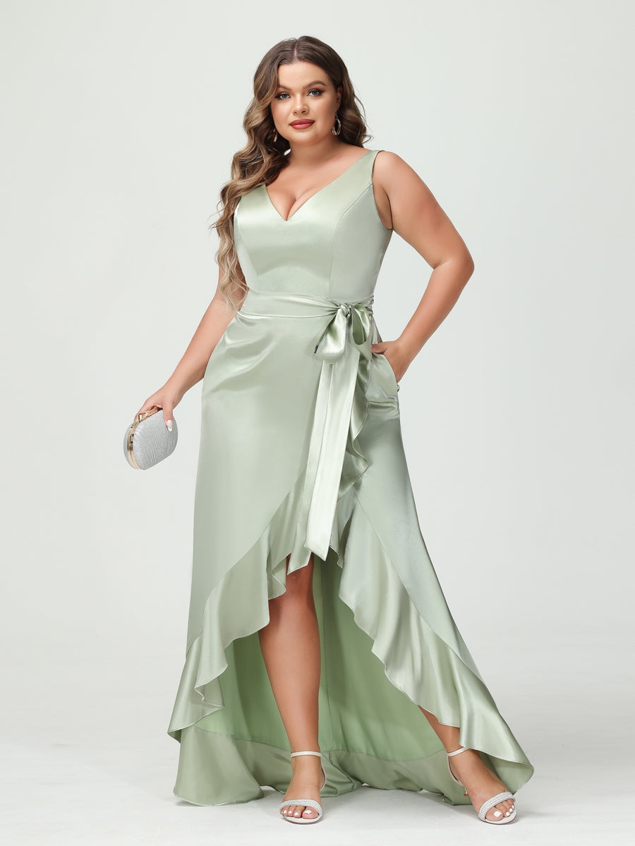Etui-/Säulen-Kleid mit V-Ausschnitt Ärmellos Rüschen Hoch-Niedrig Plus-Size-Kleider mit Taschen Und Schärpe