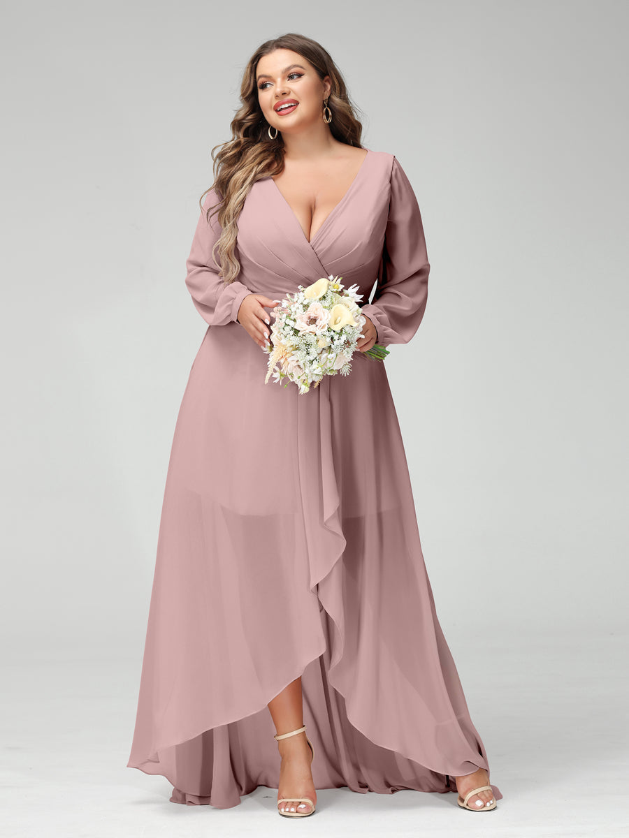 A-Linie/Prinzessin V-Ausschnitt Lange Ärmel Chiffon Gerüscht Asymmetrisch Übergröße Brautjungfernkleider mit Taschen