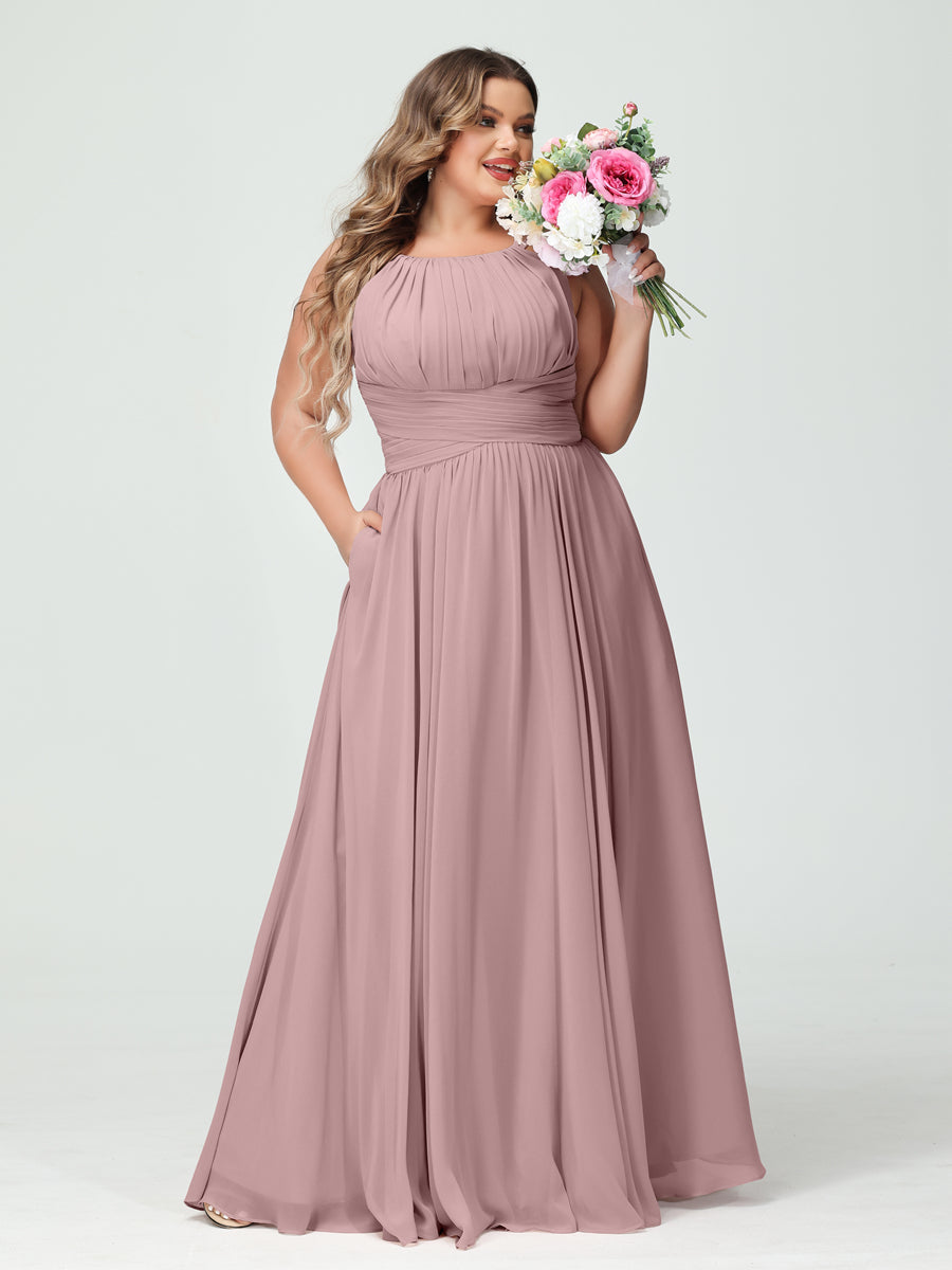 A-Linie/Prinzessin Spaghettiträger Ärmellos Chiffon Gerüscht Übergröße Brautjungfernkleider mit Taschen