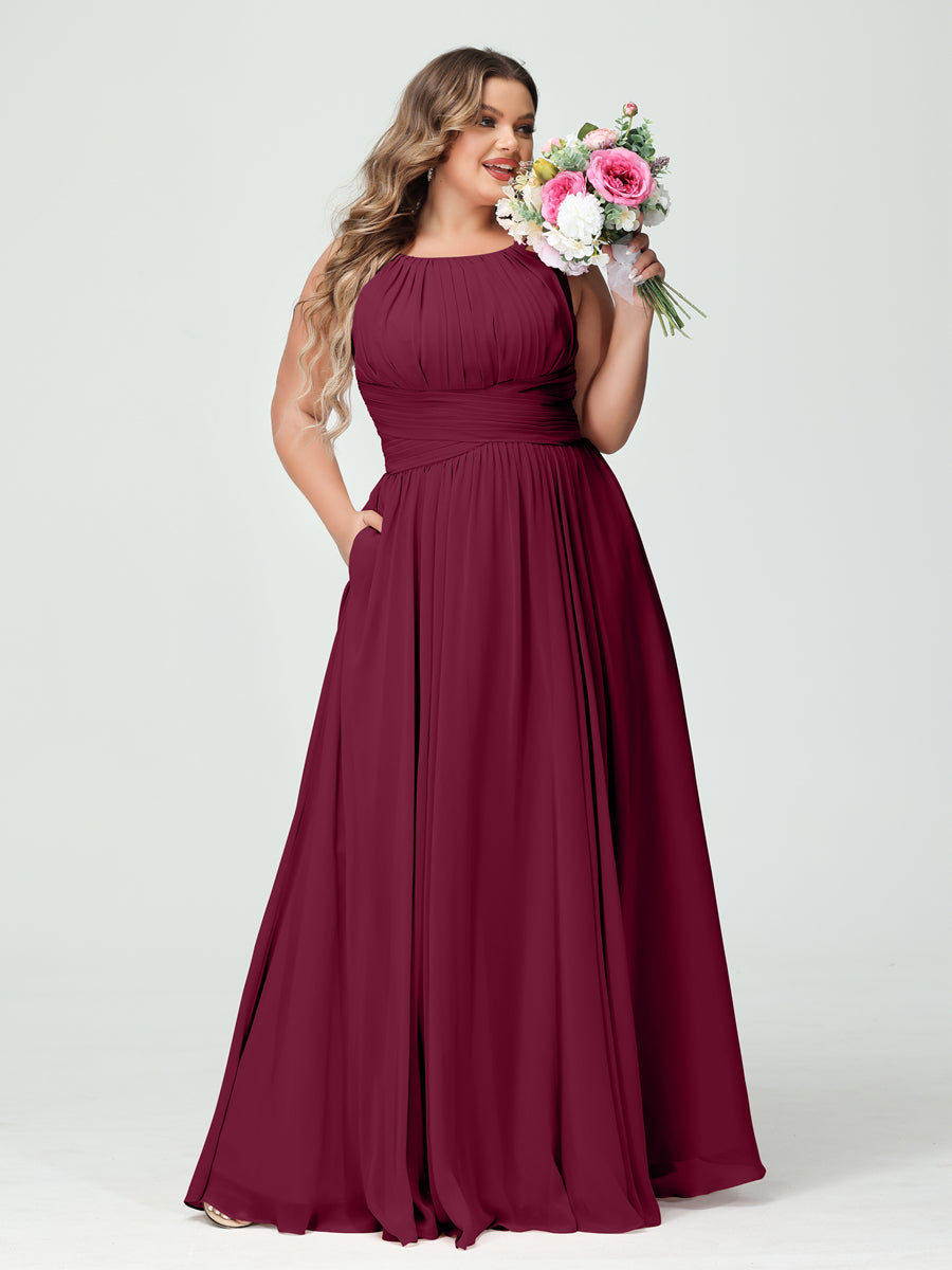 A-Linie/Prinzessin Spaghettiträger Ärmellos Chiffon Gerüscht Übergröße Brautjungfernkleider mit Taschen
