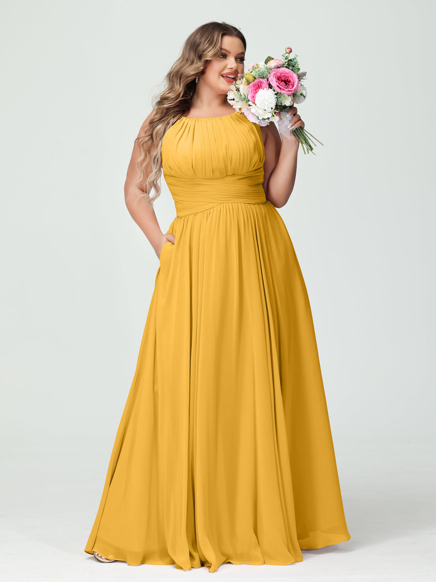 A-Linie/Prinzessin Spaghettiträger Ärmellos Chiffon Gerüscht Übergröße Brautjungfernkleider mit Taschen