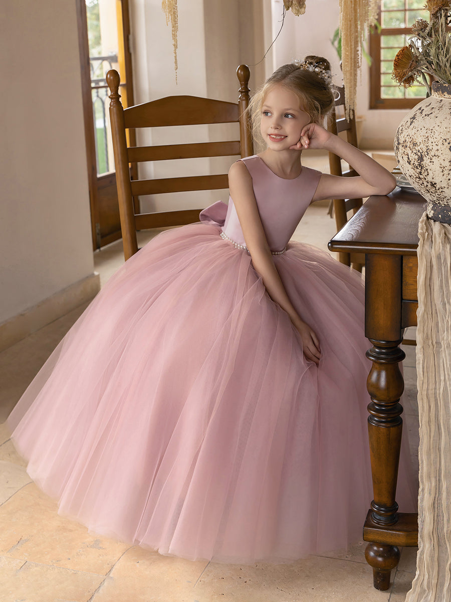 Ballkleid/Prinzessin-Blumenmädchenkleider aus Tüll mit Perlen Und Satinschleife