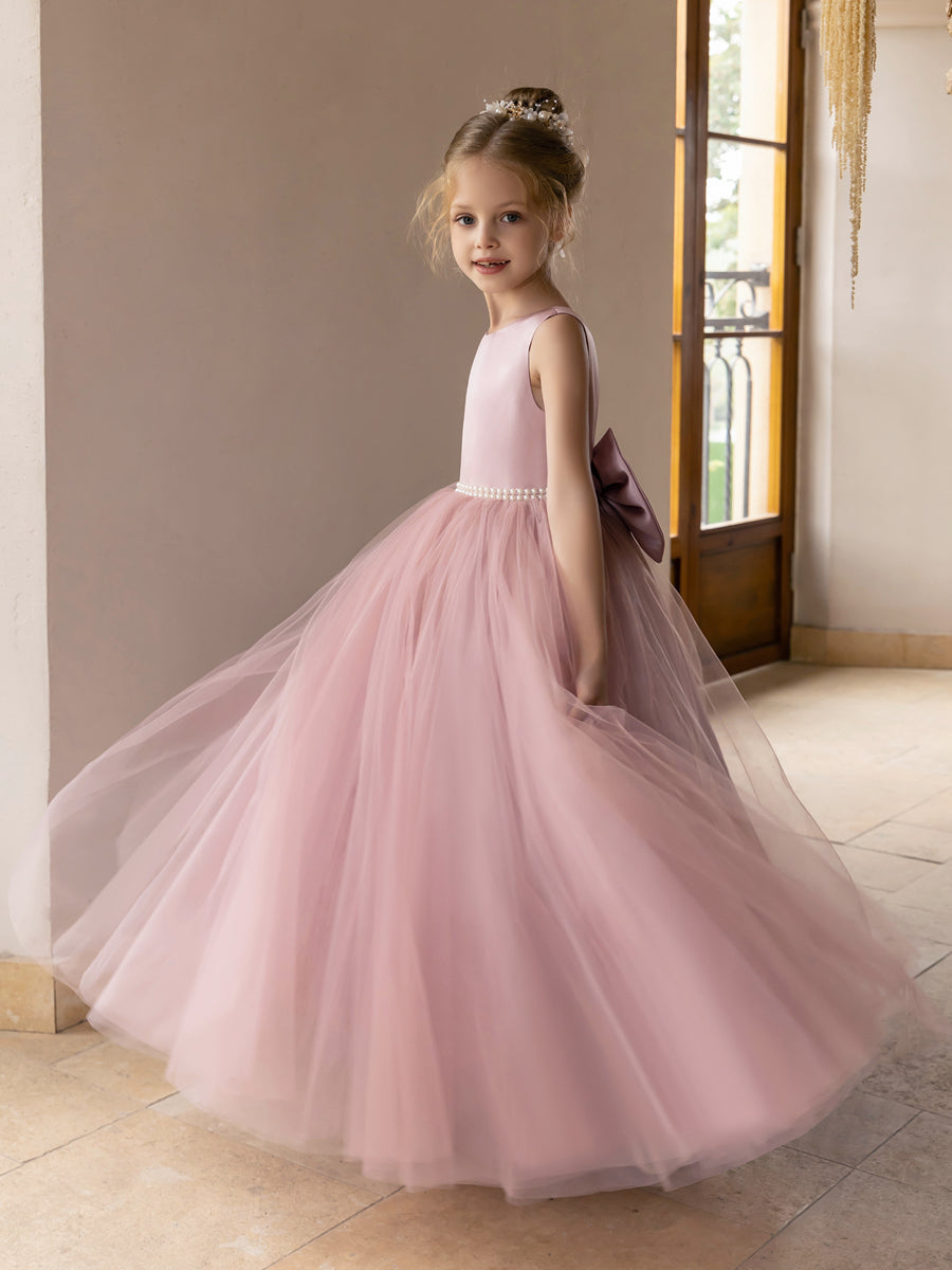 Ballkleid/Prinzessin-Blumenmädchenkleider aus Tüll mit Perlen Und Satinschleife