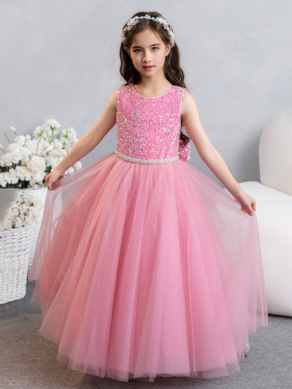 Tüll-Ballkleid/Prinzessin-Blumenmädchenkleider mit Pailletten Perlen Und Schleife