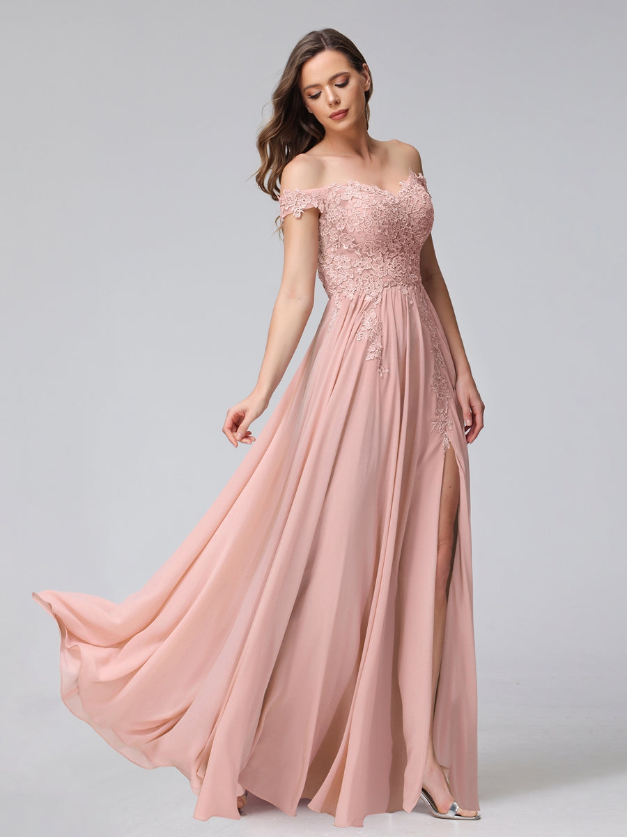 A-Linie Schulterfreies Ärmelloses Appliziertes Langes Chiffon-Brautjungfernkleid mit Seitenschlitz
