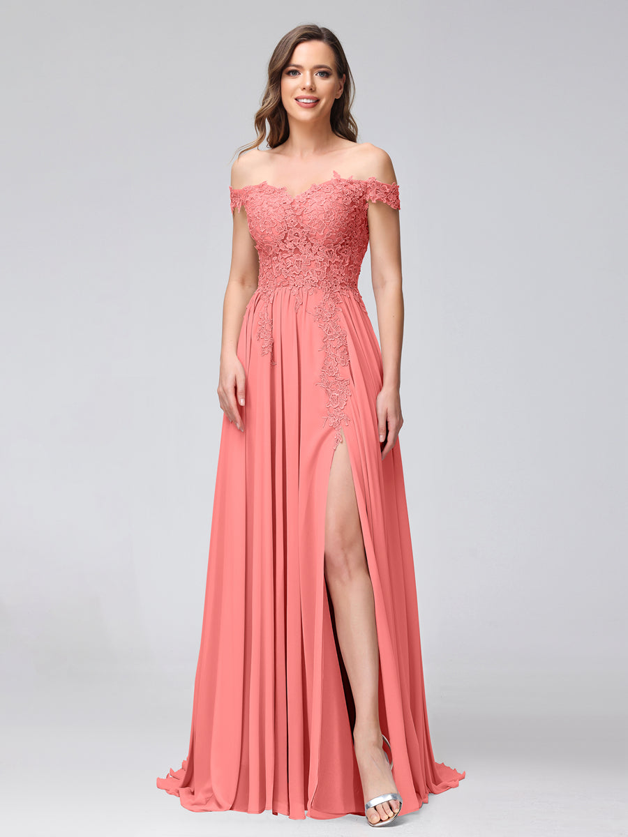 A-Linie Schulterfreies Ärmelloses Appliziertes Langes Chiffon-Brautjungfernkleid mit Seitenschlitz