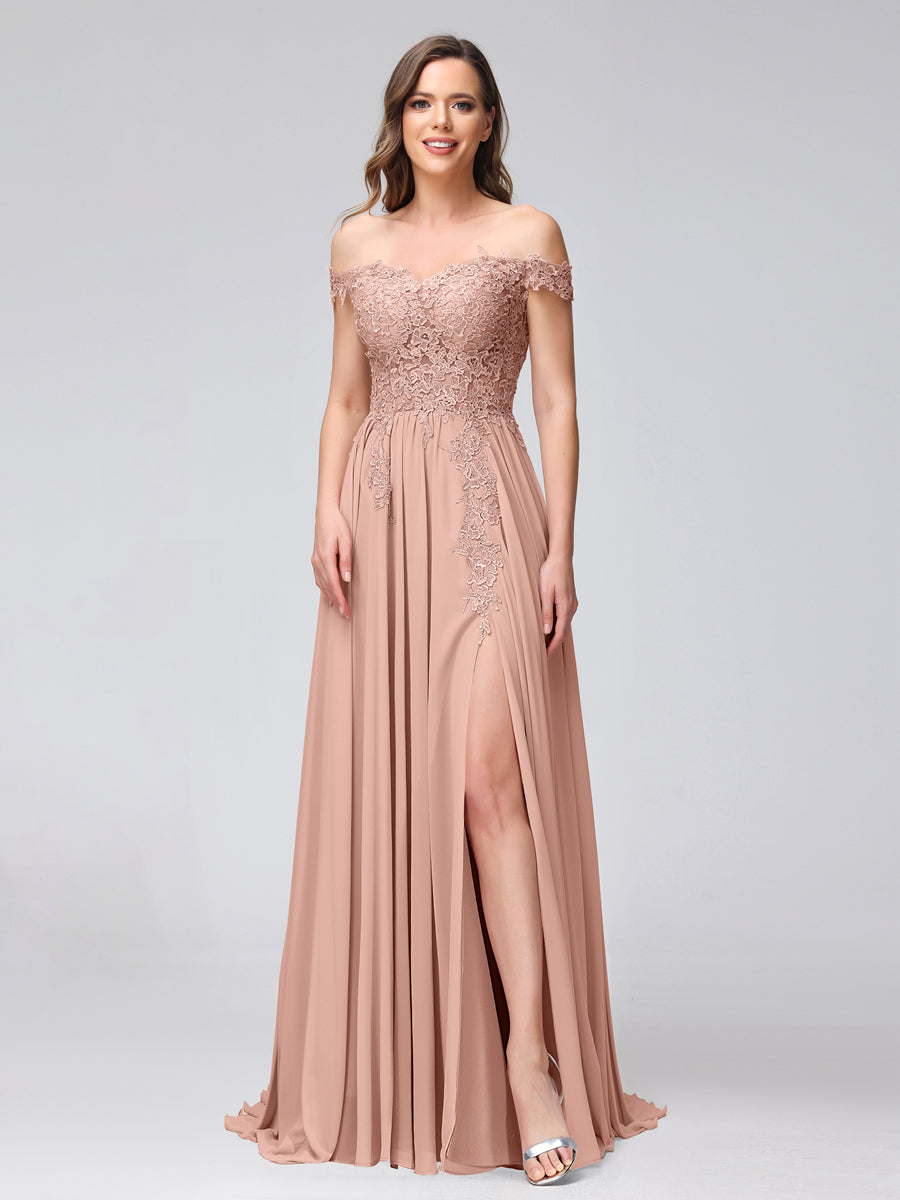 A-Linie Schulterfreies Ärmelloses Appliziertes Langes Chiffon-Brautjungfernkleid mit Seitenschlitz