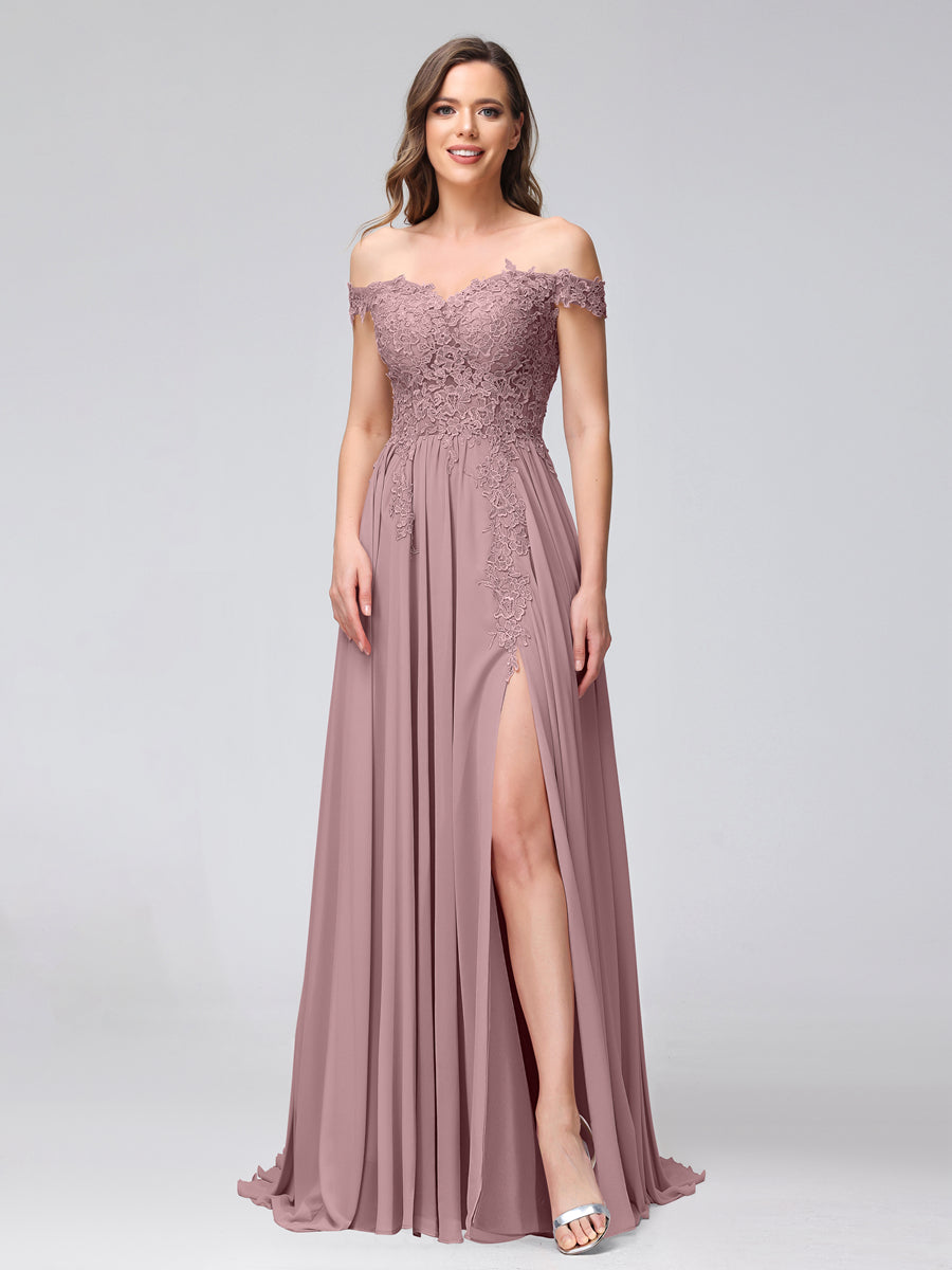 A-Linie Schulterfreies Ärmelloses Appliziertes Langes Chiffon-Brautjungfernkleid mit Seitenschlitz