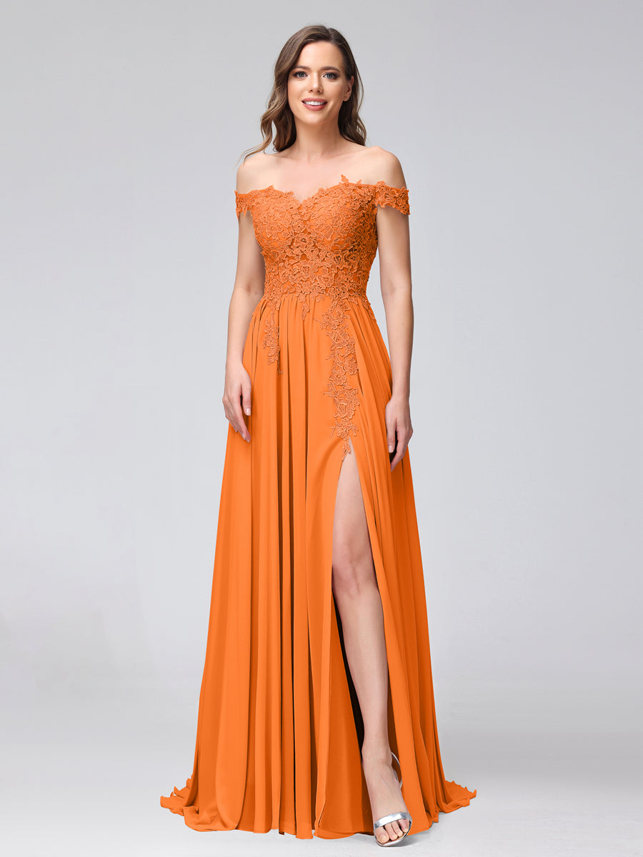 A-Linie Schulterfreies Ärmelloses Appliziertes Langes Chiffon-Brautjungfernkleid mit Seitenschlitz