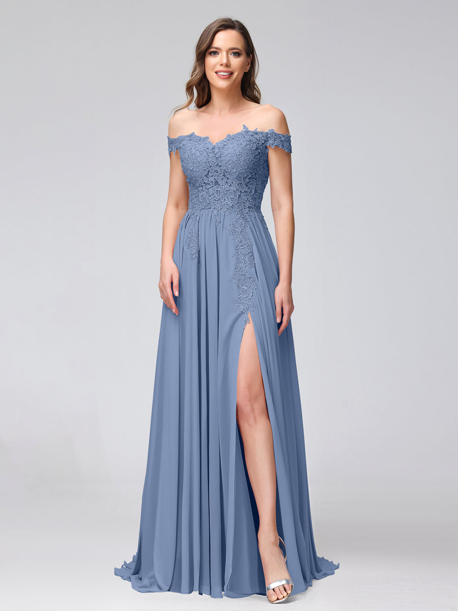 A-Linie Schulterfreies Ärmelloses Appliziertes Langes Chiffon-Brautjungfernkleid mit Seitenschlitz
