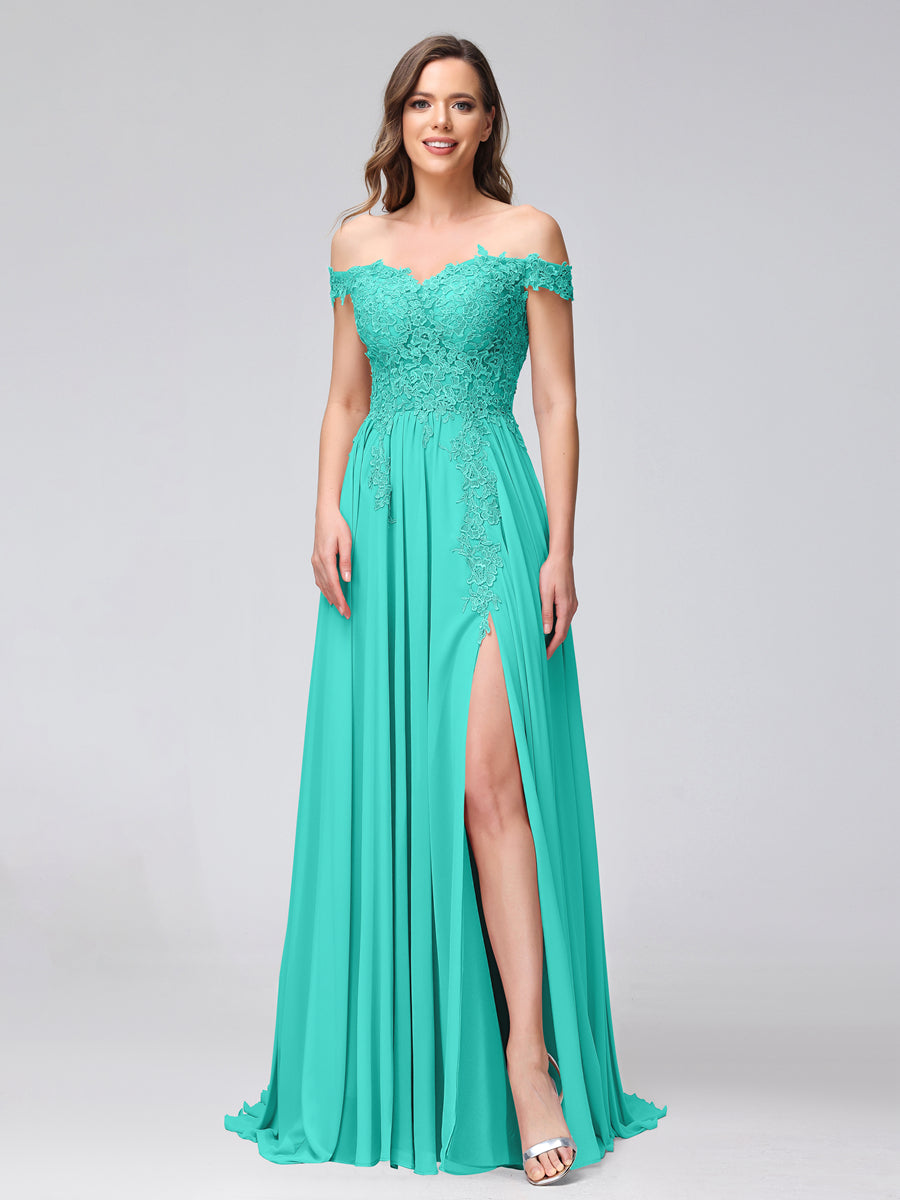 A-Linie Schulterfreies Ärmelloses Appliziertes Langes Chiffon-Brautjungfernkleid mit Seitenschlitz