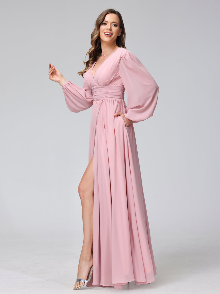 A-Linie V-Ausschnitt Lange Ärmel Lange Brautjungfernkleider aus Chiffon mit Geteilten Seitentaschen