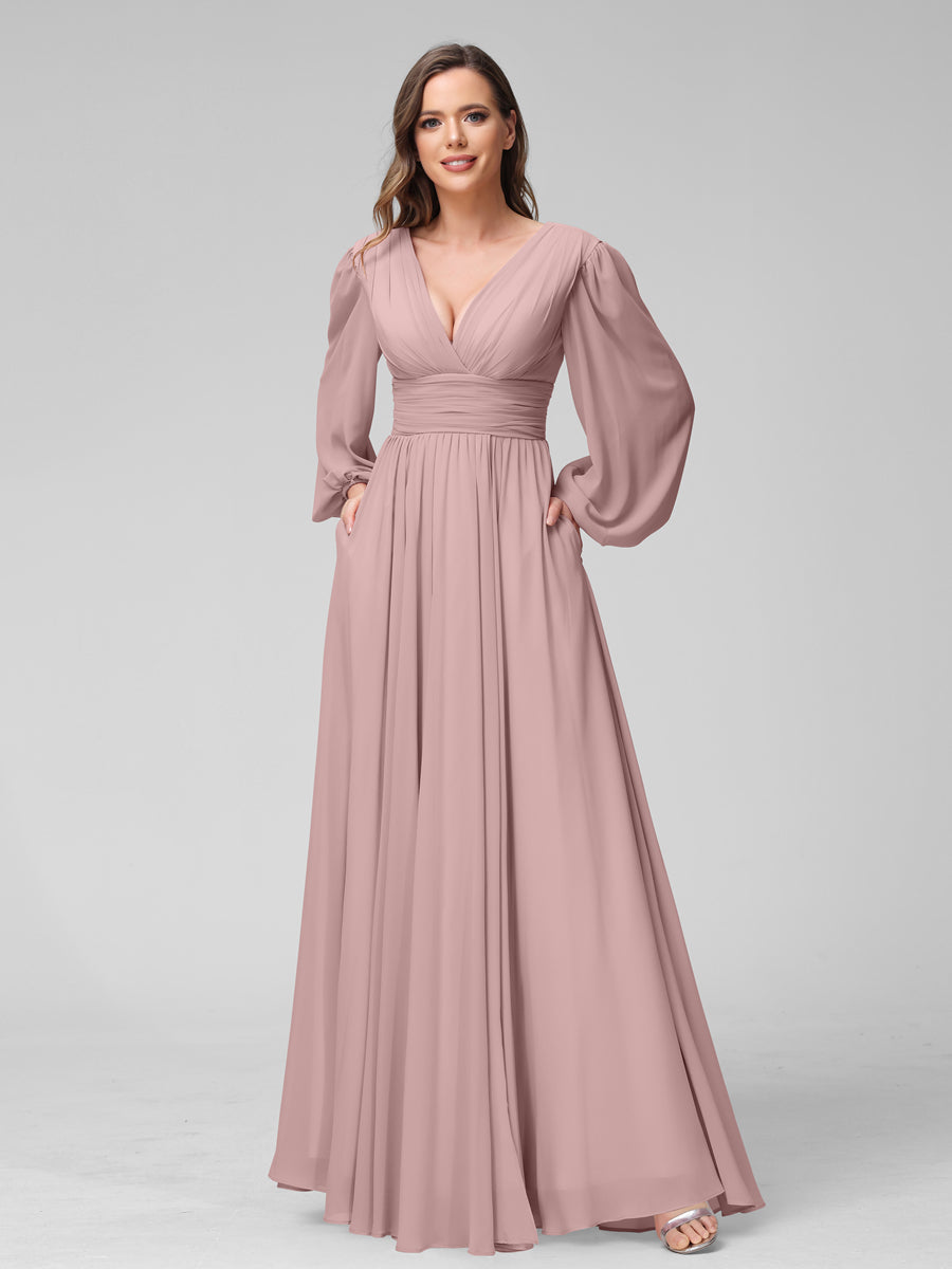 A-Linie V-Ausschnitt Lange Ärmel Lange Brautjungfernkleider aus Chiffon mit Geteilten Seitentaschen