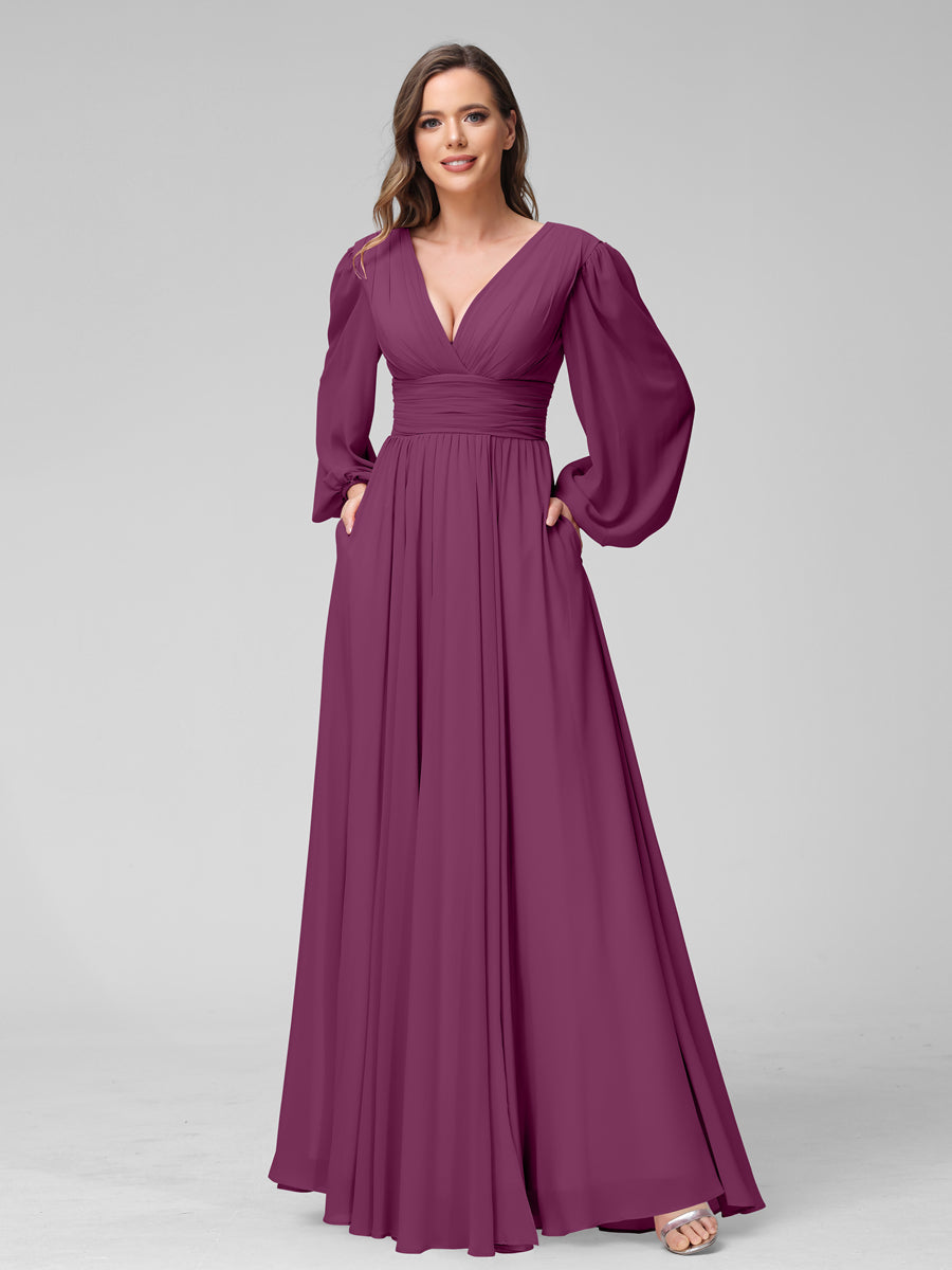 A-Linie V-Ausschnitt Lange Ärmel Lange Brautjungfernkleider aus Chiffon mit Geteilten Seitentaschen