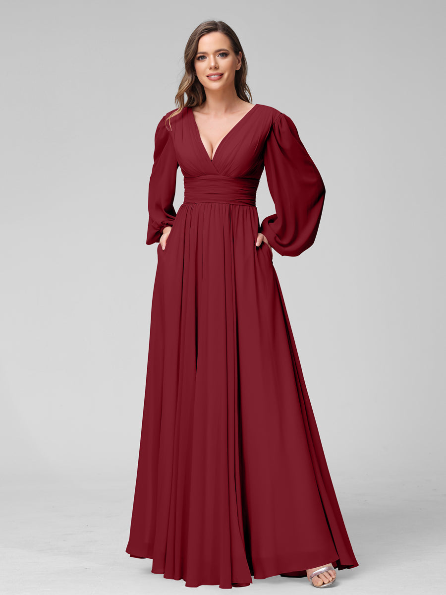 A-Linie V-Ausschnitt Lange Ärmel Lange Brautjungfernkleider aus Chiffon mit Geteilten Seitentaschen
