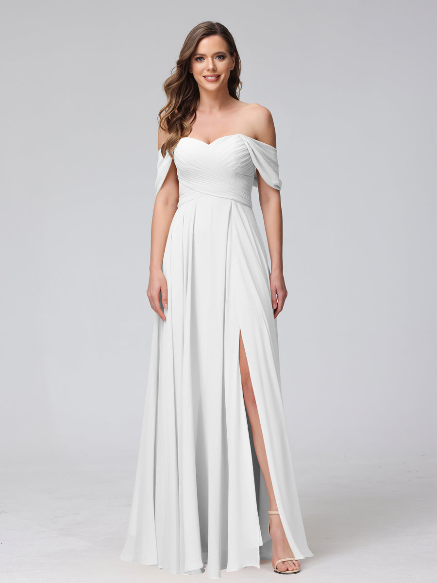 A-Linie Schulterfreies Ärmelloses Gerafftes Langes Chiffon-Brautjungfernkleid mit Seitlichem Schlitz