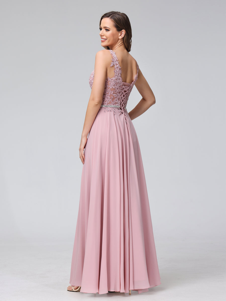 A-Linie V-Ausschnitt Ärmellose Lange Chiffon-Kleider mit Spitzenapplikationen Und Strasssteinen