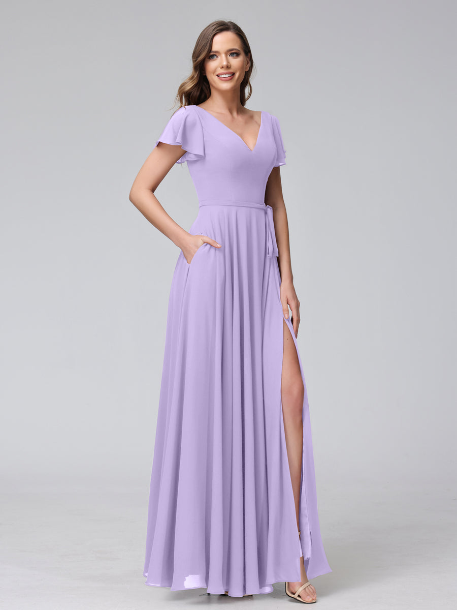 A-Linie V-Ausschnitt Rüschen Kurze Ärmel Lange Chiffon-Kleider mit Geteilten Seiten Und Taschen