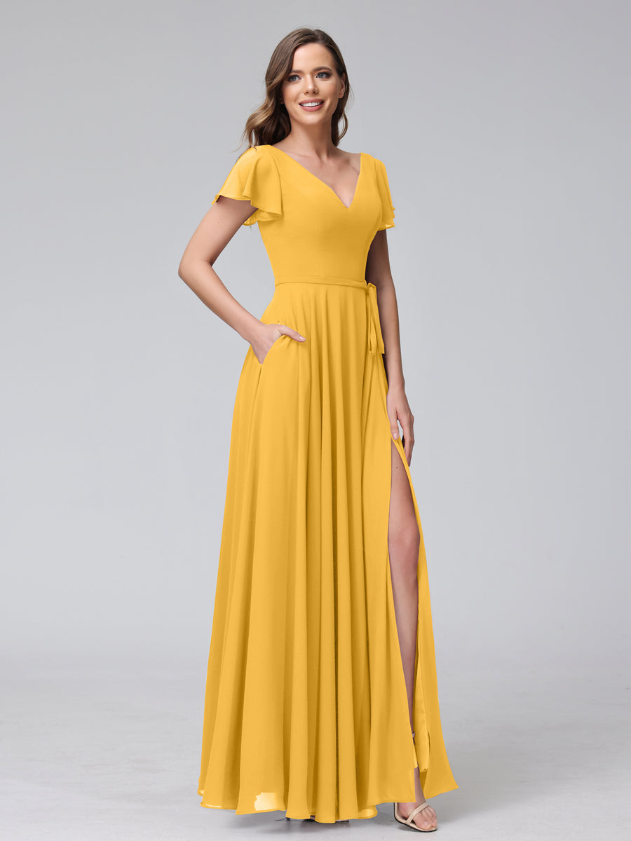 A-Linie V-Ausschnitt Rüschen Kurze Ärmel Lange Chiffon-Kleider mit Geteilten Seiten Und Taschen