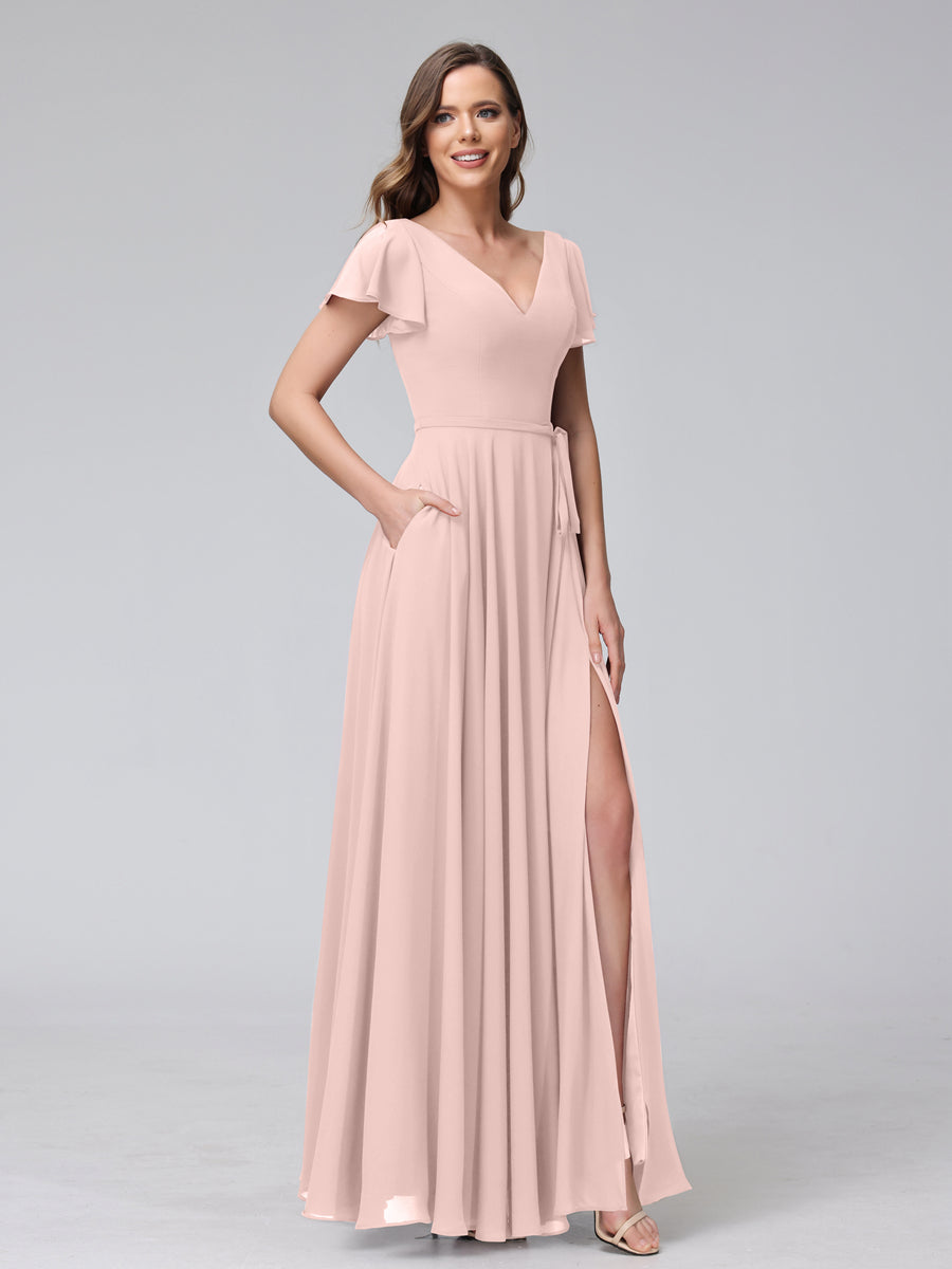A-Linie V-Ausschnitt Rüschen Kurze Ärmel Lange Chiffon-Kleider mit Geteilten Seiten Und Taschen