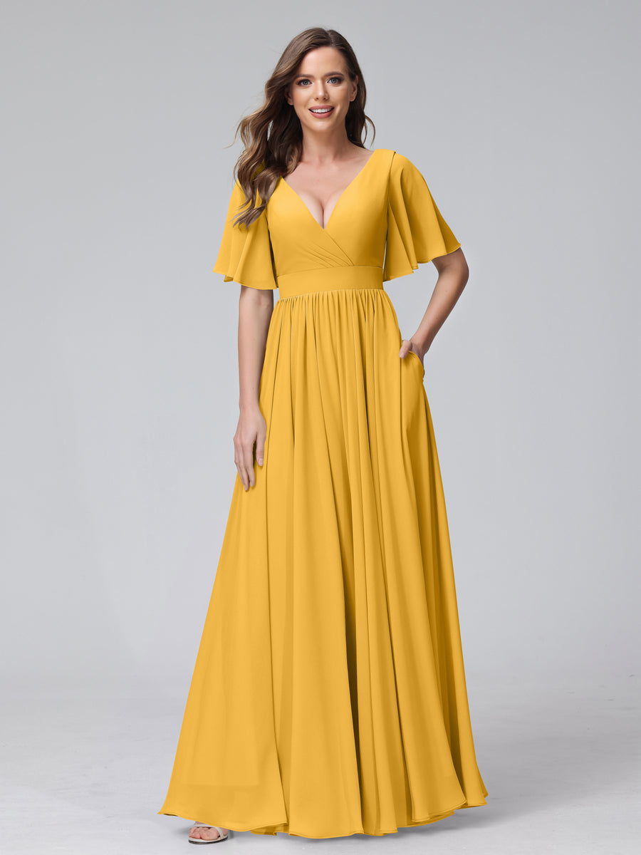 A-Linie V-Ausschnitt Halbe Ärmel Lange Chiffon-Brautjungfernkleider mit Rüschen Geteilten Seitentaschen