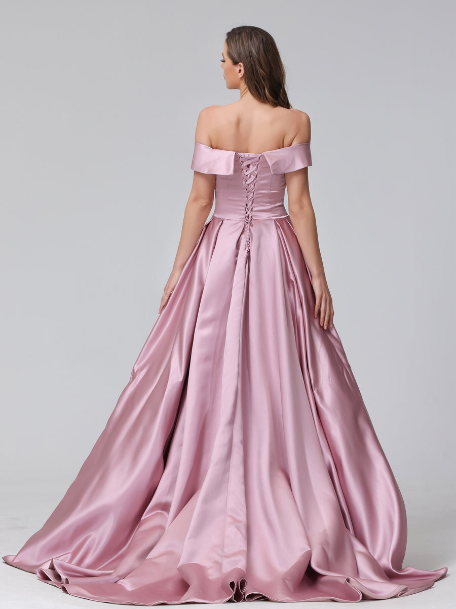 A-Linie Schulterfreies Langes Satin-Abendkleid mit Seitlichem Schlitz Und Taschen
