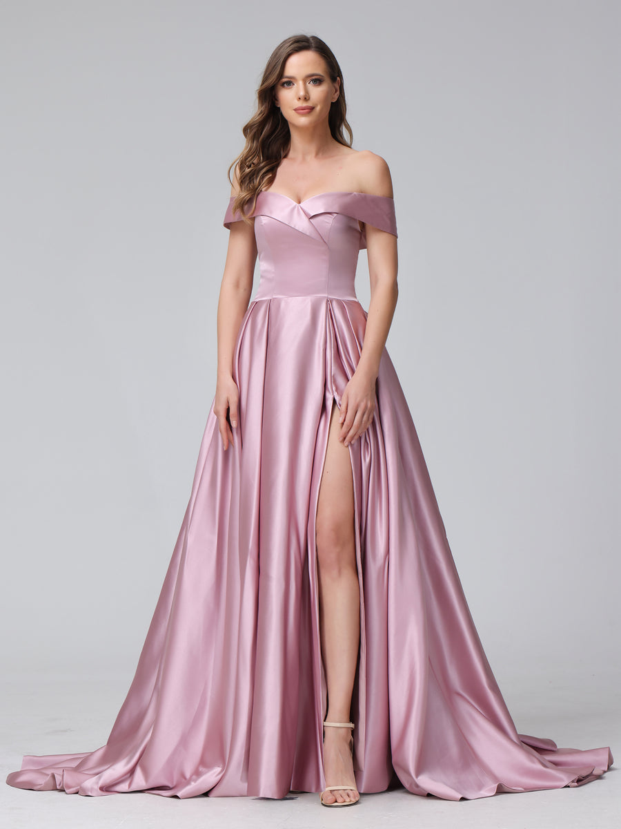 A-Linie Schulterfreies Langes Satin-Abendkleid mit Seitlichem Schlitz Und Taschen