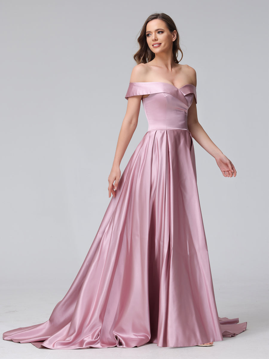 A-Linie Schulterfreies Langes Satin-Abendkleid mit Seitlichem Schlitz Und Taschen