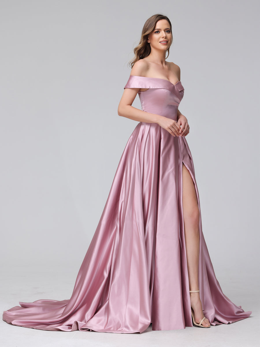 A-Linie Schulterfreies Langes Satin-Abendkleid mit Seitlichem Schlitz Und Taschen
