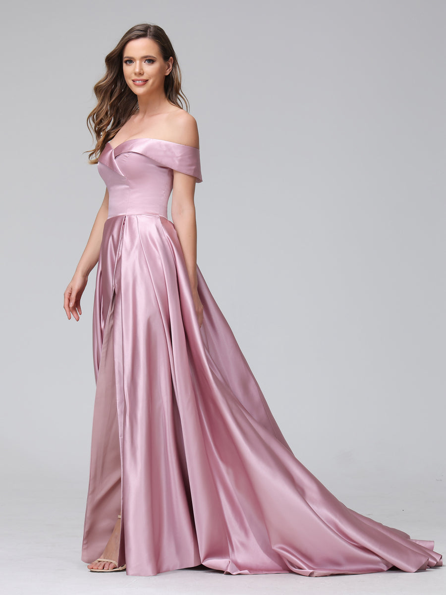 A-Linie Schulterfreies Langes Satin-Abendkleid mit Seitlichem Schlitz Und Taschen