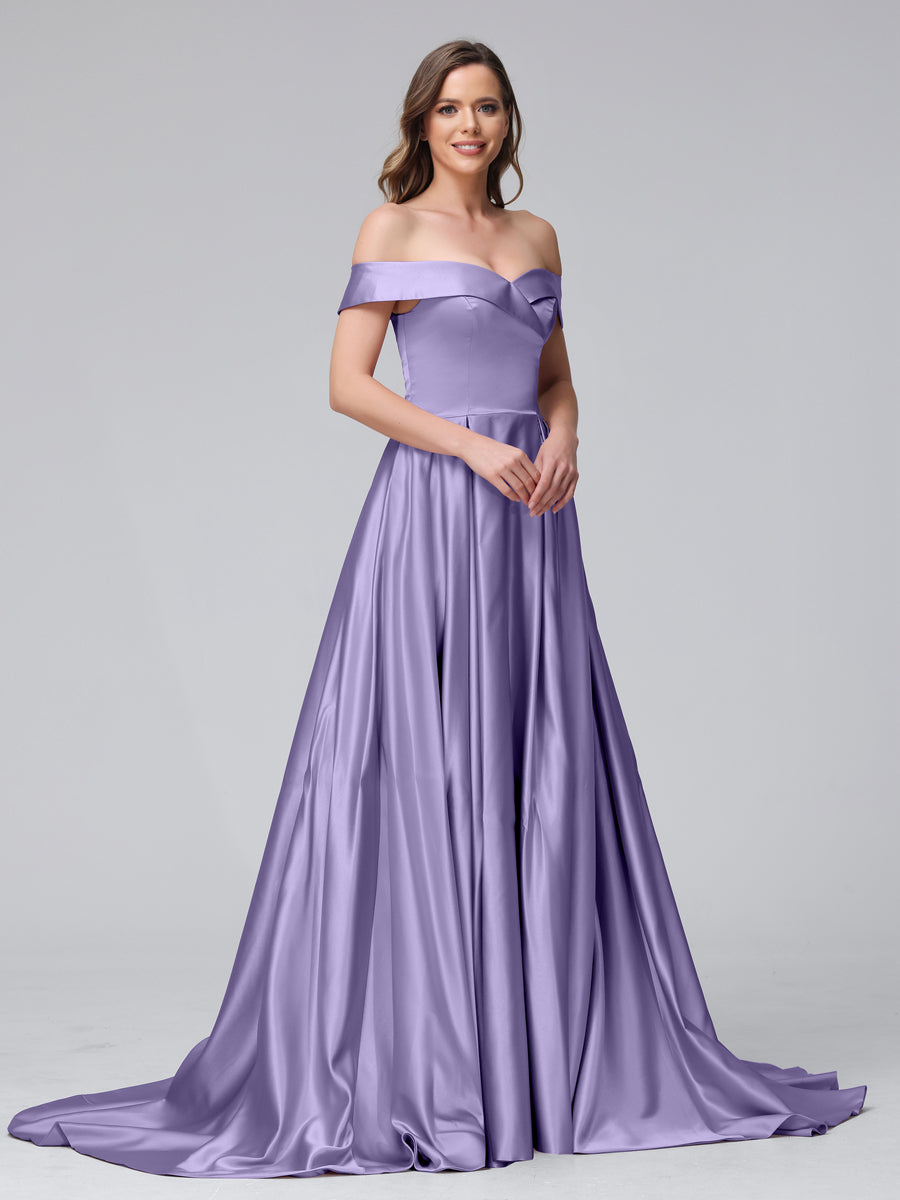 A-Linie Schulterfreies Langes Satin-Abendkleid mit Seitlichem Schlitz Und Taschen