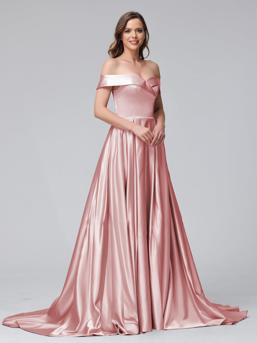 A-Linie Schulterfreies Langes Satin-Abendkleid mit Seitlichem Schlitz Und Taschen