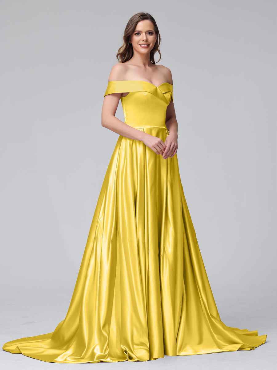 A-Linie Schulterfreies Langes Satin-Abendkleid mit Seitlichem Schlitz Und Taschen