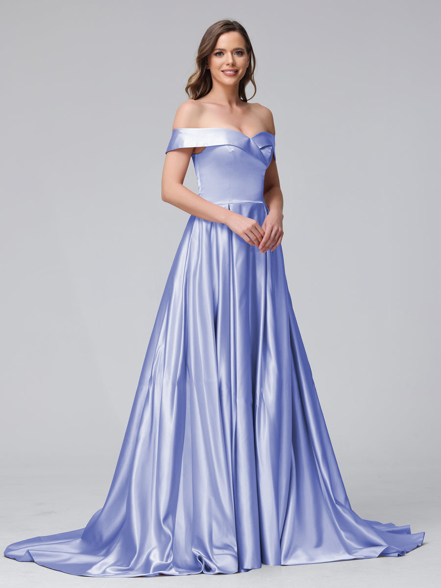 A-Linie Schulterfreies Langes Satin-Abendkleid mit Seitlichem Schlitz Und Taschen