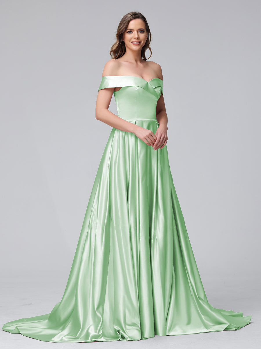 A-Linie Schulterfreies Langes Satin-Abendkleid mit Seitlichem Schlitz Und Taschen