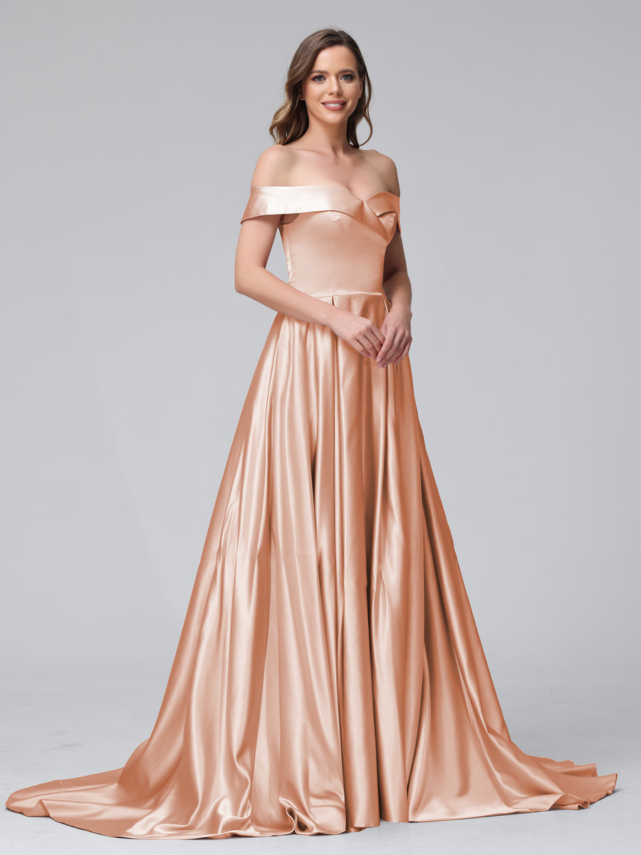 A-Linie Schulterfreies Langes Satin-Abendkleid mit Seitlichem Schlitz Und Taschen
